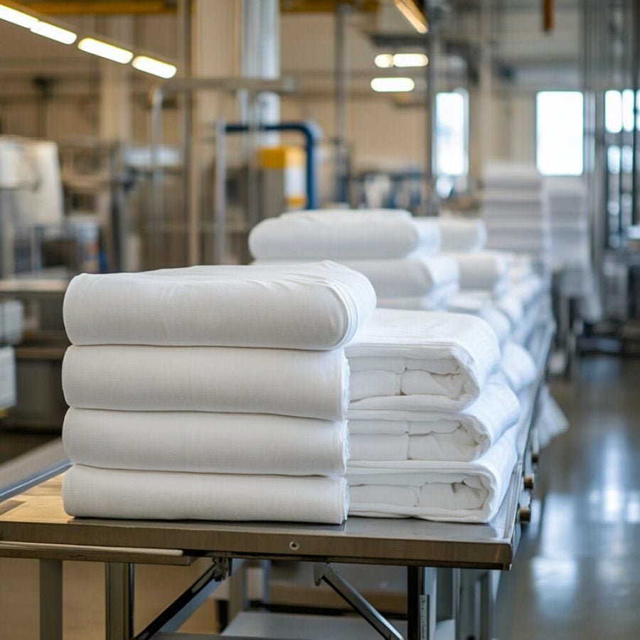 Stacked white towels in a modern laundry facility during the daytime