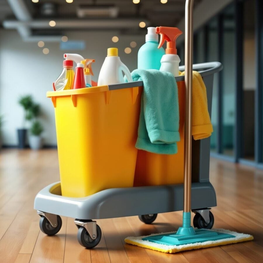 Pro cleaning cart stocked with various cleaning supplies in office setting. Colorful cleaning supplies cloths neatly organized. Modern commercial janitorial equipment. Well-maintained workplace